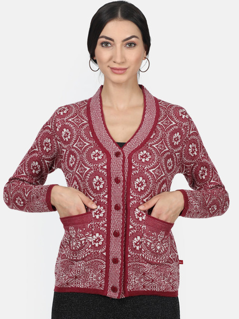 

Monte Carlo Women Maroon Self Design Cardigan Sweater