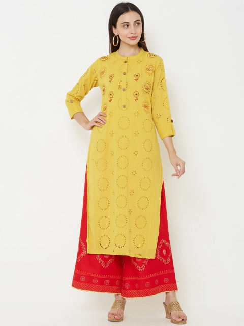 

FASHOR Women Mustard Woven Design Straight Kurta