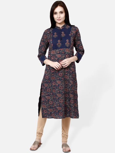 

Molcha Women Navy Blue & Red Printed Straight Kurta