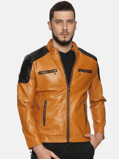 

SHOWOFF Men Tan Brown Solid Biker Jacket