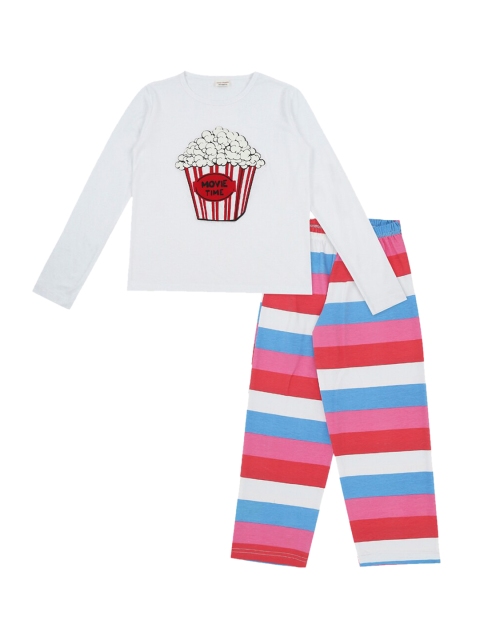 RAINE AND JAINE Girls White & Pink Printed Night Suit