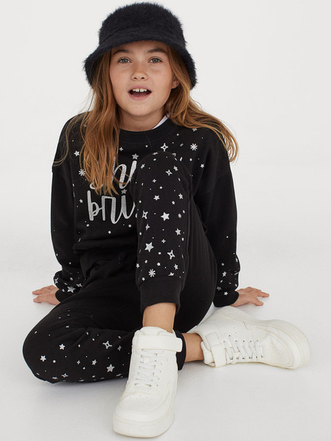 

H&M Girls Black Printed 2-Piece Cotton-Blend Set