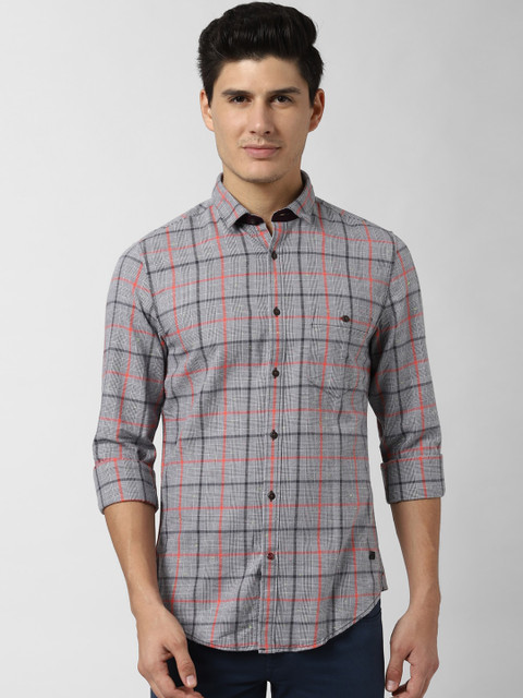 

Peter England Casuals Men Grey & Red Slim Fit Checked Casual Shirt