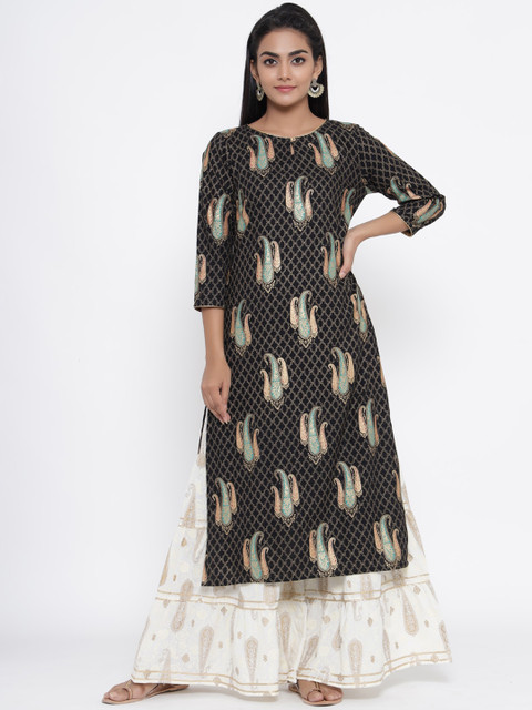 

RANGMAYEE Women Black & Off-White Printed Kurta with Sharara
