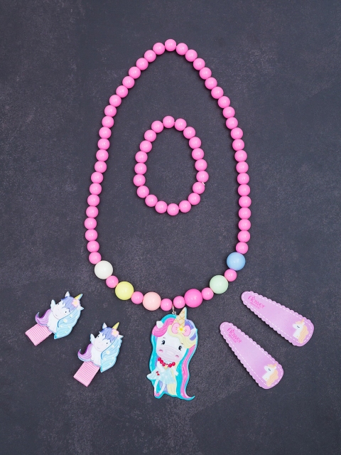

Golden Peacock Girls Pink & Blue Artificial Beads Studded Unicorn Jewellery Set