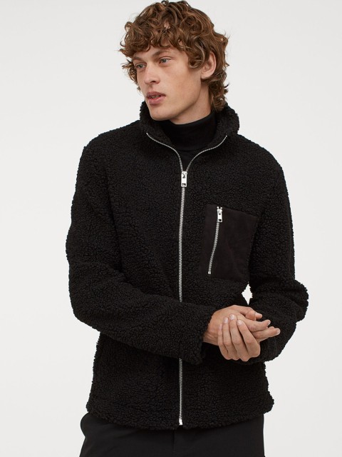 

H&M Men Black Solid Faux Shearling Jacket