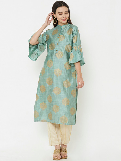 

FASHOR Women Green & Gold-Toned Printed Straight Kurta