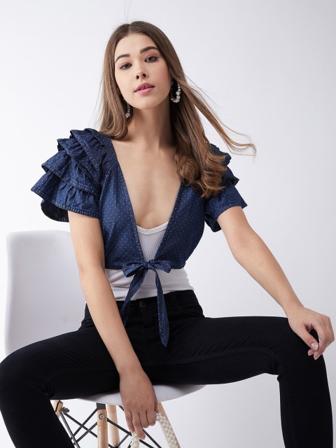 

Miss Chase Women Navy Blue Printed Bolero Denim Cropped Jacket
