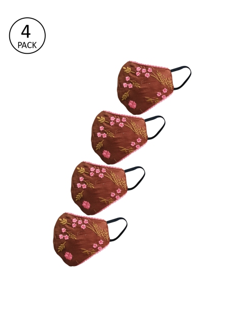 

nestroots Unisex Pack of 4 Brown & Pink Embroidered 2-Ply Reusable Outdoor Cloth Masks