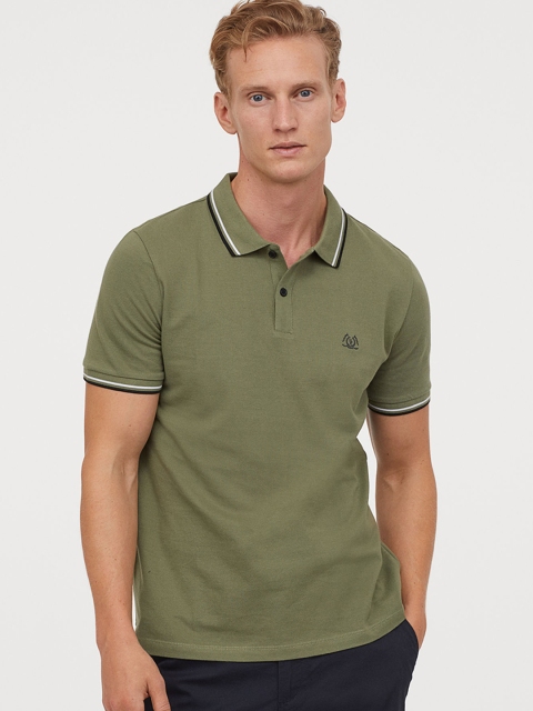 

H&M Men Olive Green Solid Polo T-Shirt