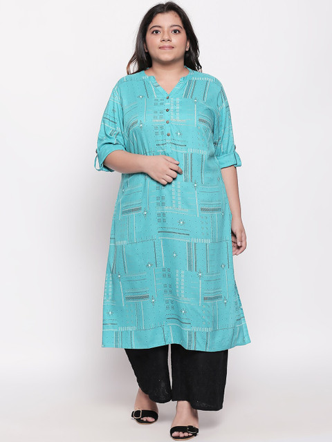 

RANGMANCH PLUS by Pantaloons Women Turquoise Blue Printed A-Line Kurta