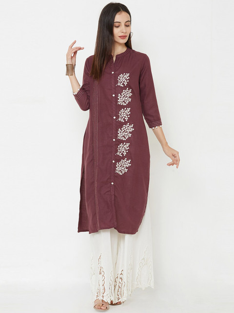 

FASHOR Women Burgundy & White Embroidered Straight Kurta