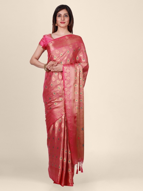 

CLAI WORLD Pink & Green Silk Blend Woven Design Handloom Saree
