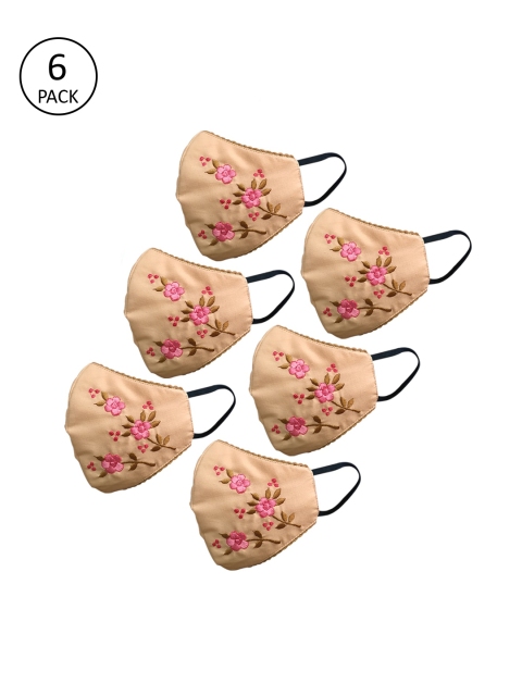 

nestroots Unisex Set of 6 Beige & Pink Embroidered 2-Ply Reusable Outdoor Cloth Masks