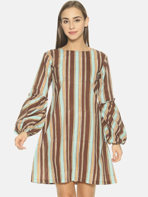 

NANGALIA RUCHIRA Women Brown & Green Striped A-Line Dress