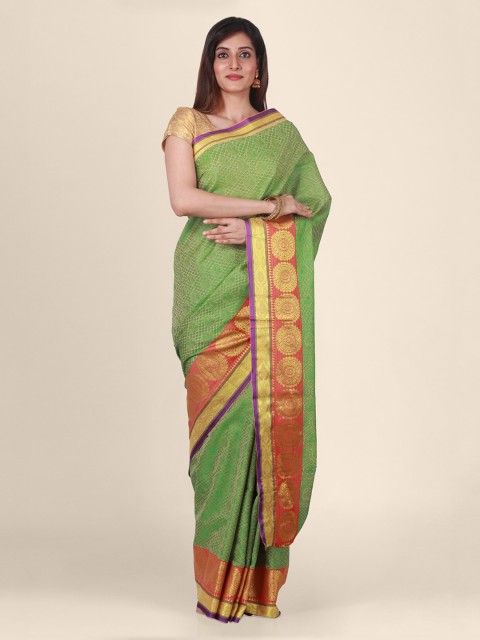 

CLAI WORLD Green & Orange Silk Blend Solid Saree