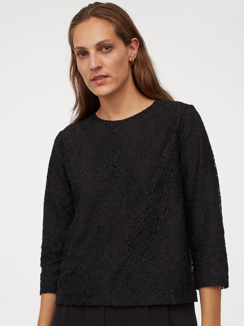 

H&M Women Black Self-Design 3/4-Length-Sleeved Top
