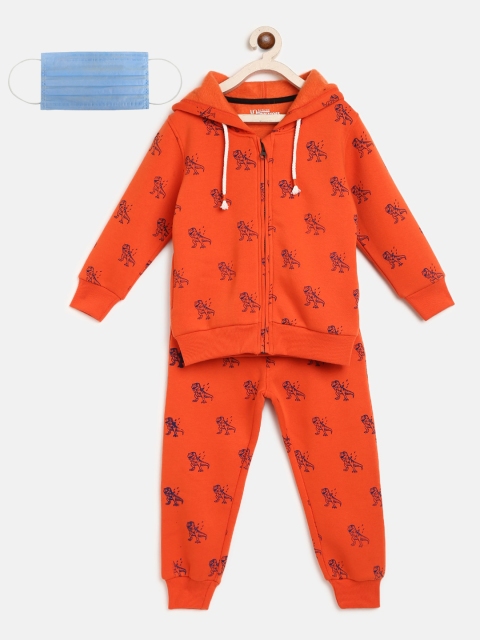 

Lil Tomatoes Boys Orange Printed Tracksuit with 3-Ply Cotton Face Mask