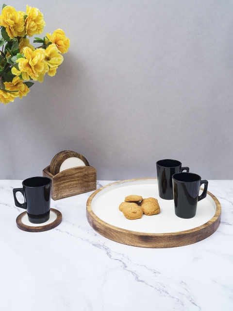 

Golden Peacock White & Brown Set of 8 Handcrafted Wooden Coasters & Serving Tray