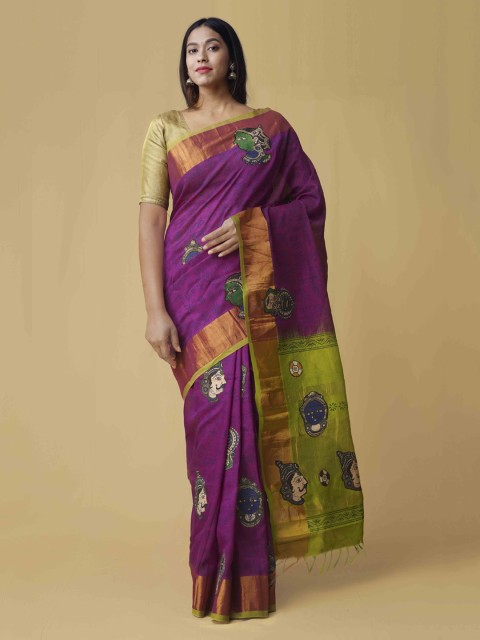 

Unnati Silks Purple & Green Silk Cotton Printed Pochampally Saree