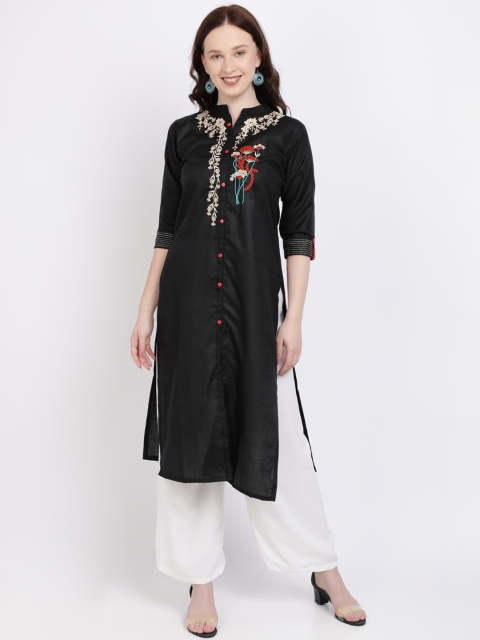 

Silk Bazar Women Black Floral Embroidered Straight Kurta