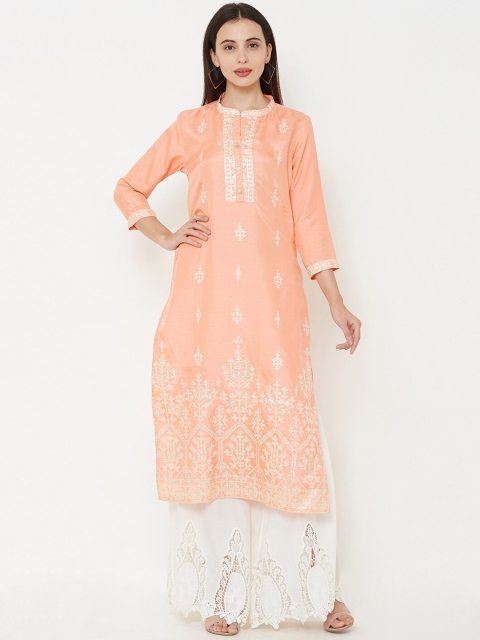 

FASHOR Women Peach-Coloured & White Foil Printed Straight Kurta