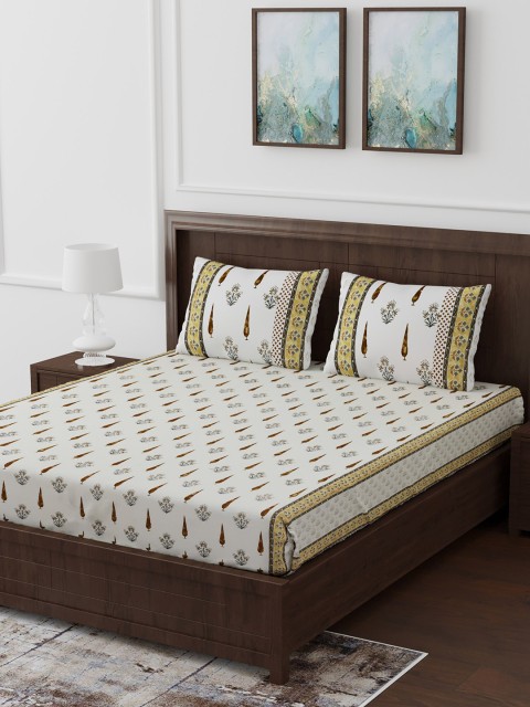 

Gulaab Jaipur Cream-Coloured Ethnic Motifs 330 TC Cotton 1 King Bedsheet with 2 Pillow Covers