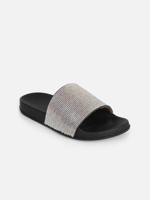 

SCENTRA Women Silver-Toned & Black Embellished Sliders