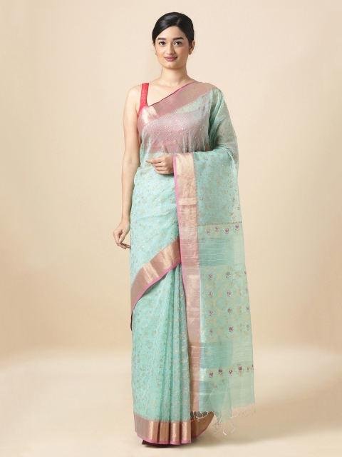 

Taneira Sea Green Silk Cotton Woven Design Block Print Sustainable Saree