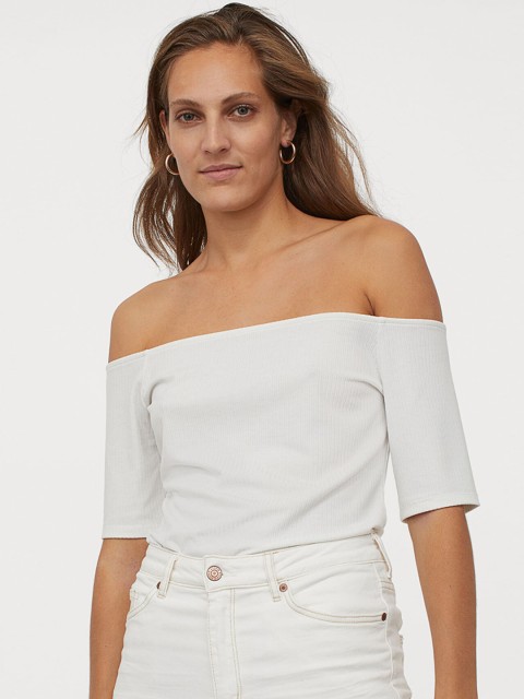 

H&M Women White Solid Ribbed Off-the-Shoulder Top