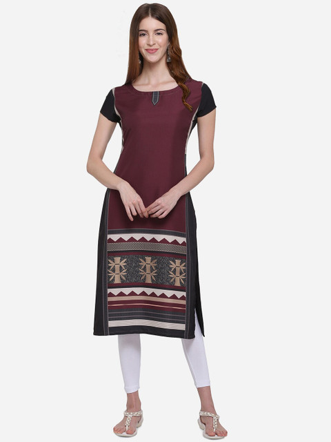 

Kvsfab Women Maroon & Black Printed Straight Kurta