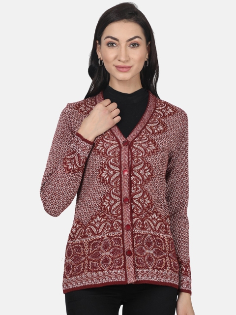 

Monte Carlo Women Maroon Self Design Cardigan Sweater