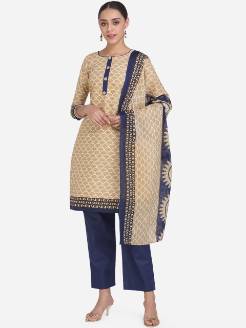 

Ethnic Junction Beige & Navy Blue Cotton Blend Unstitched Dress Material