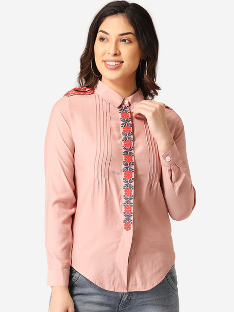 

LABEL REGALIA Women Pink Embroidered Shirt Style Top