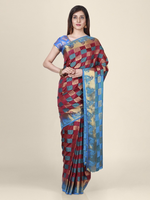 

CLAI WORLD Maroon & Blue Silk Blend Woven Design Saree