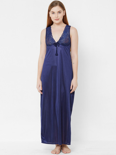 

FashionRack Navy Blue Solid Nightdress With Robe