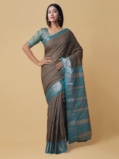 

Unnati Silks Grey & Blue Pure Silk Checked Handloom Mangalagiri Saree