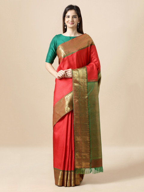 

Taneira Red & Green Pure Silk Woven Design Handloom Kanjeevaram Sustainable Saree