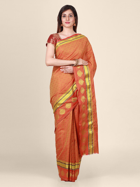 

CLAI WORLD Orange & Gold Cotton Blend Woven Design Saree