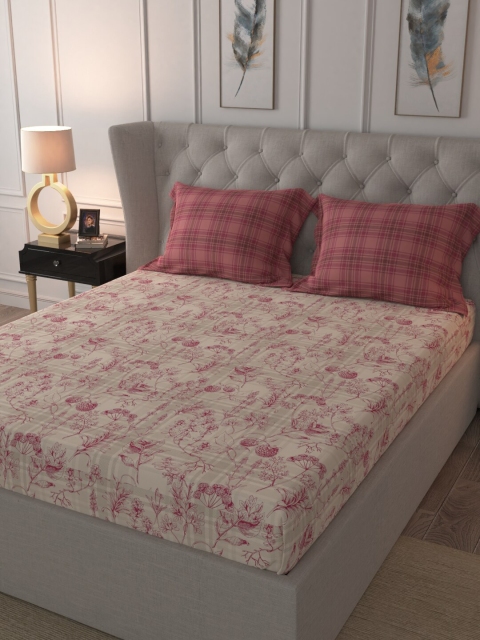 

Trident Pink & Cream-Coloured Floral 144 TC Cotton 1 King Bedsheet with 2 Pillow Covers