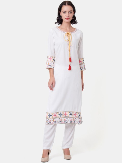 

IMARA Women White Solid Kurta with Trousers