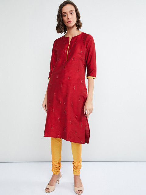 

max Women Maroon & Yellow Printed Kurta with Trousers & Dupatta