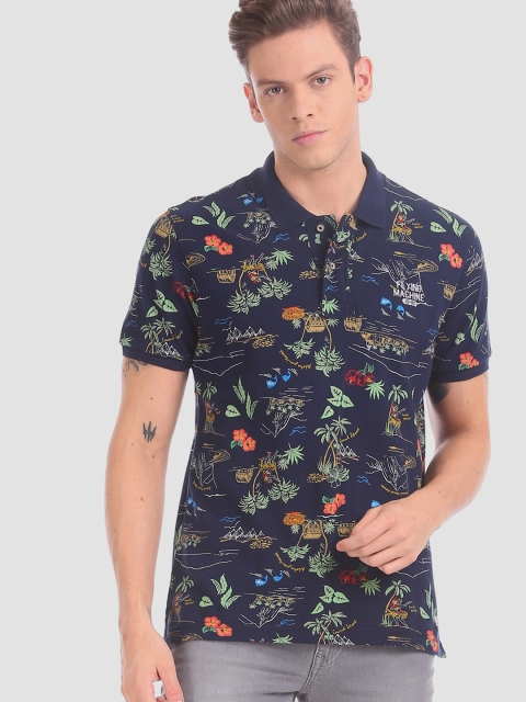 

Flying Machine Men Blue Floral Printed Polo Collar Pure Cotton T-shirt