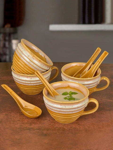 

StyleMyWay Set of 4 Sand Yellow & Off White Ceramic Soup Cup with Spoon