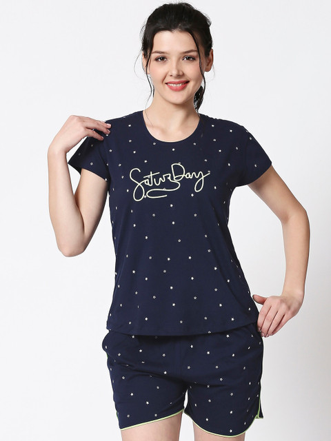 

I like me Women Navy & White Printed Night Suit, Navy blue