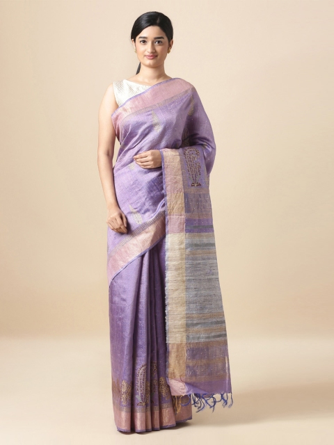 Taneira Purple Pure Silk Woven Design Block Print Sustainable Saree