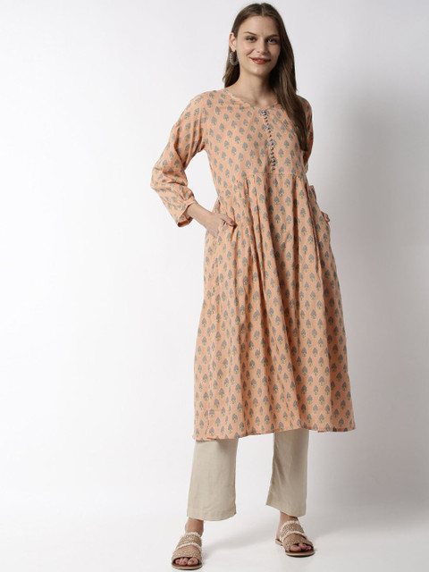 

Soch Women Peach-Coloured & Grey Printed A-Line Kurta