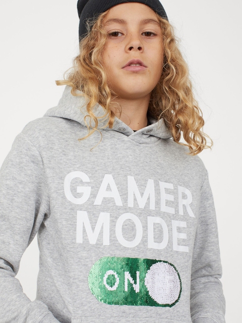 H&M Boys Grey Printed Sequin-Motif Hoodie