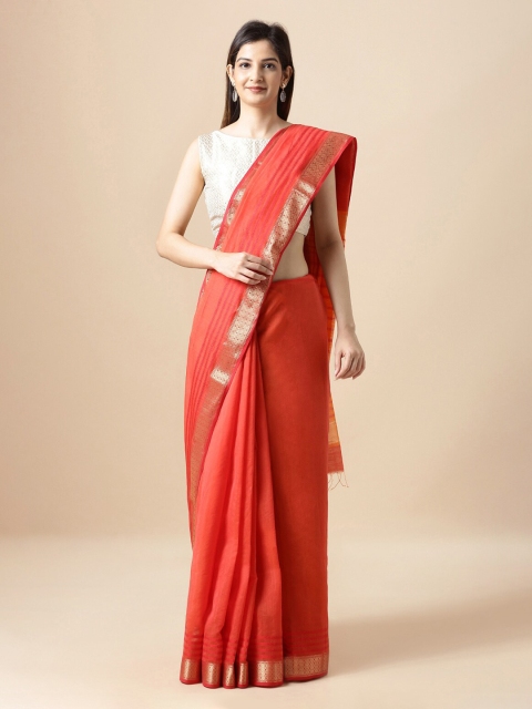 

Taneira Orange Silk Cotton Solid Handloom Maheshwari Sustainable Saree