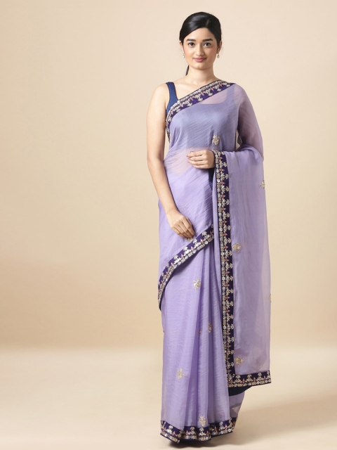 

Taneira Purple Organza Embroidered Block Print Sustainable Saree